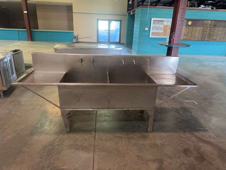 Stainless steel double sink Table, 9' long x 29" deep x 36" tall