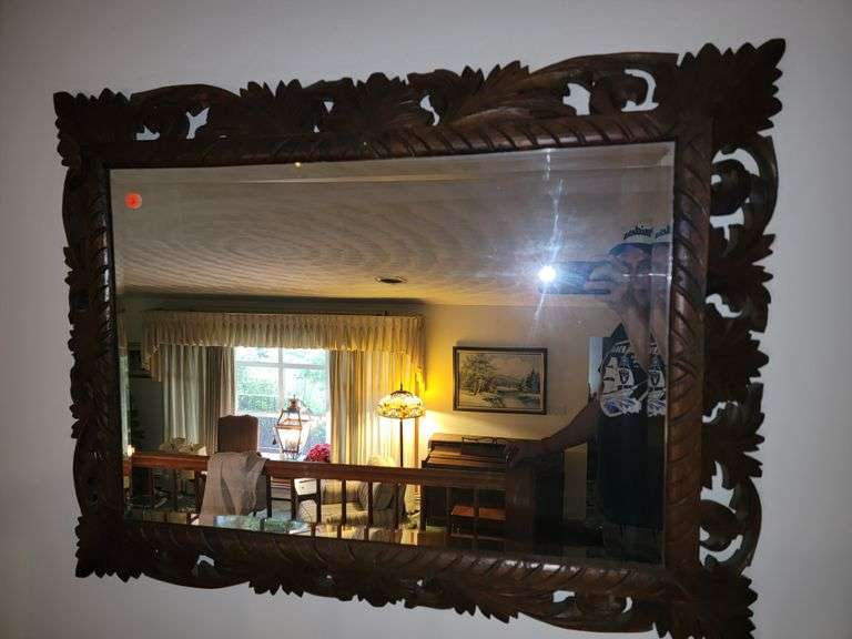 Large Hand Carved Wooden Framed Antique Mirror
