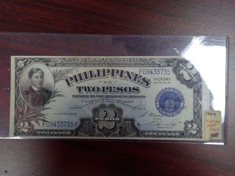 1944 2 PESOS PHILIPPINES VICTORY SERIES WW2 RARE, GREAT CONDITION