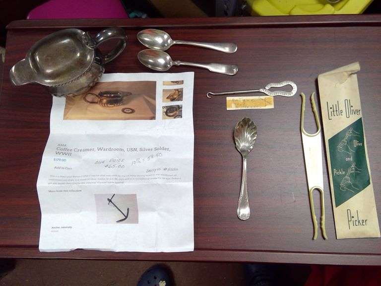 WWII WARDROOM USN SILVER SOLDER COFFEE CREAMER, ANTIQUE SHOE BUTTONER, AND MORE