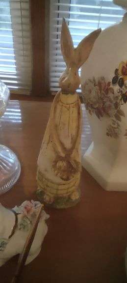Box lot with Porcelain Rabbits, Oil Lamp and more