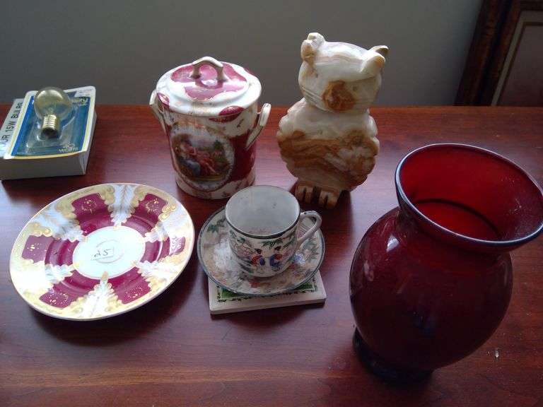 Marble Owl, Porcelain Figurines, Ruby Glass and more
