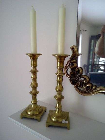 Pair of Brass Candlestick Holders and Candles