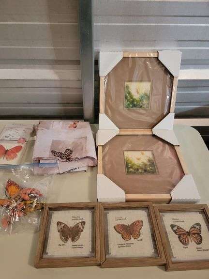 Collection of Framed Butterfly art and shower curtain