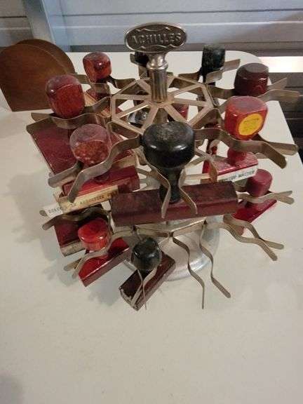 Vintage Rubber Stamps with wooden handles and carousel holder