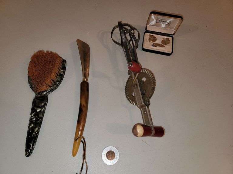 Vintage shoe horn, brush, hand mixer and more
