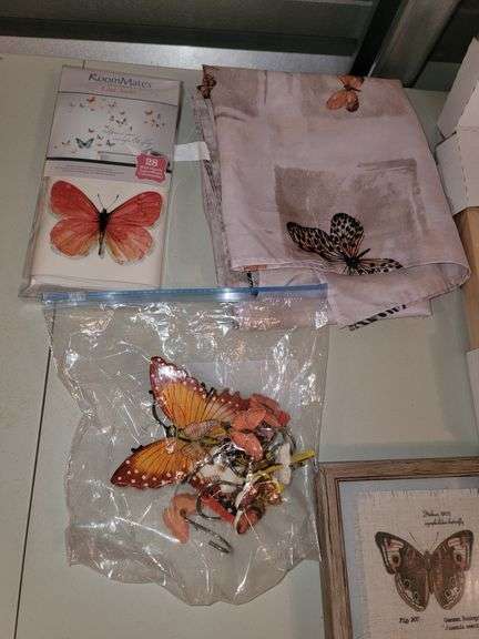 Collection of Framed Butterfly art and shower curtain
