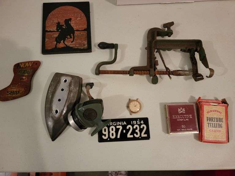 Antique Apple Corer, VA Motorcycle license plate, 18k gold plated paper clips and more