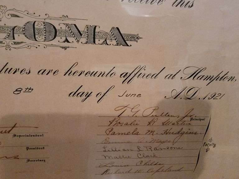 June 8m, 1921 Hampton High School Diploma