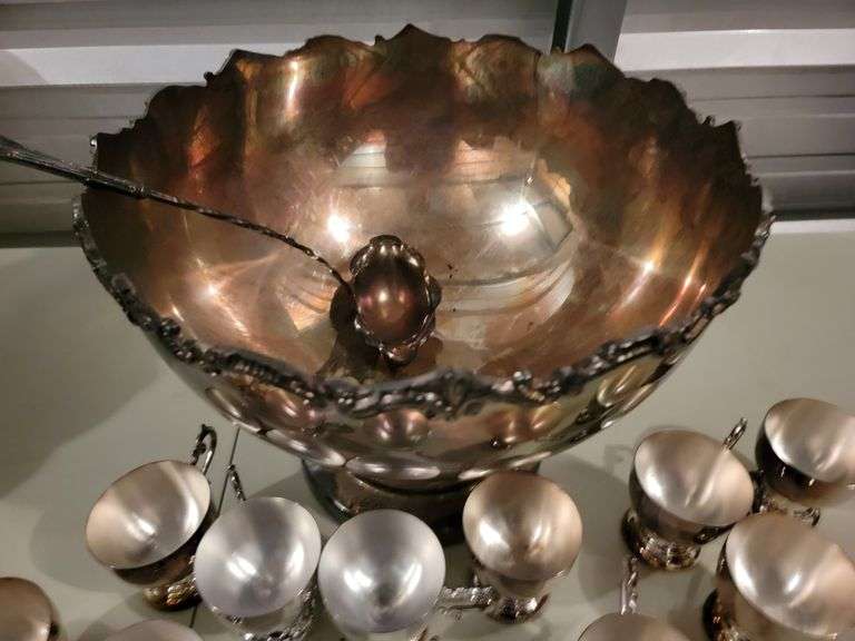 Silver Plated Large Punch Bowl, 12 cups and ladle