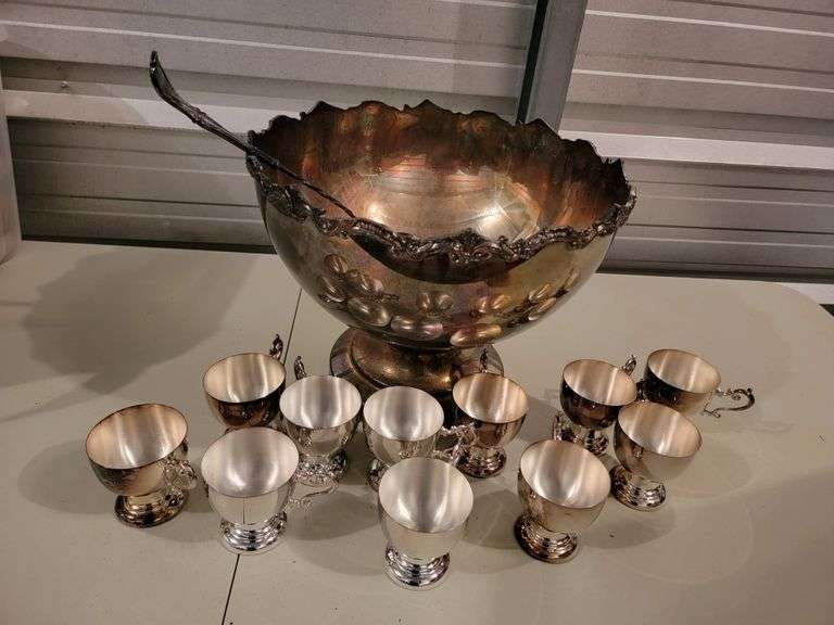 Silver Plated Large Punch Bowl, 12 cups and ladle