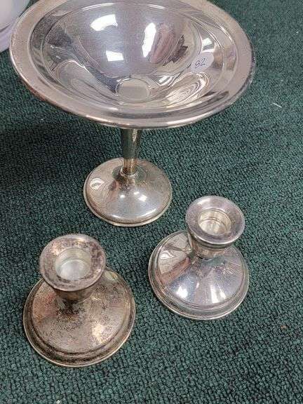603 grams Sterling Silver Candle Holders and dish, Weighted