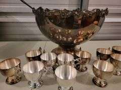Silver Plated Large Punch Bowl, 12 cups and ladle