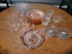Crystal glasses and pink depression glass plates