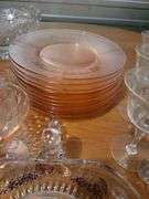 Crystal glasses and pink depression glass plates