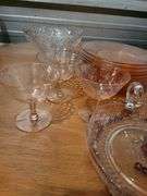 Crystal glasses and pink depression glass plates