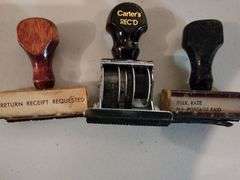 Vintage Rubber Stamps with wooden handles and carousel holder
