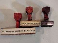 Vintage Rubber Stamps with wooden handles and carousel holder