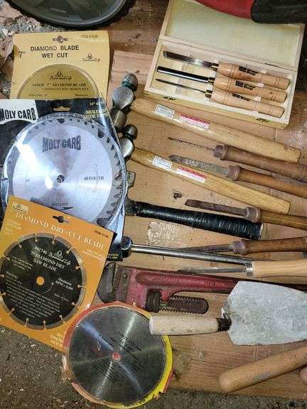 Bucket of New Saw Blades, New Chisels, Hammers and more