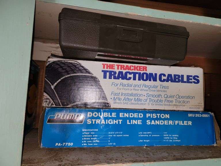 Sears Silvertone FM Stereo, PUMA straight line sander, Traction Cables, Drill and more