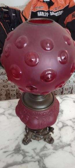 1897 Red Pittsburgh Glass & Royal Brass Kerosene Lamp