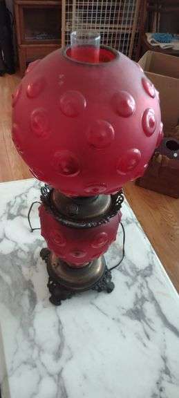 1897 Red Pittsburgh Glass & Royal Brass Kerosene Lamp