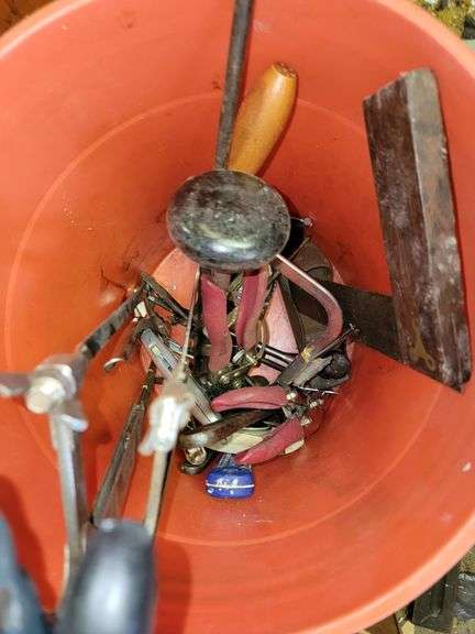 Bucket full of Planers, Drill Bits, Hammers, Crowbar and more