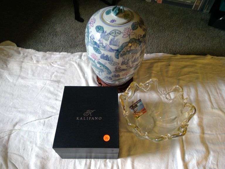 Kalifano Gemstone Tree, White Crystal Dish, Asian Styled Vase and Stand