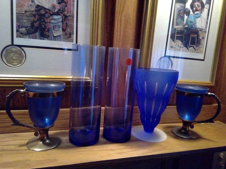 Blue Glass Vases and Goblets with Brass Handles
