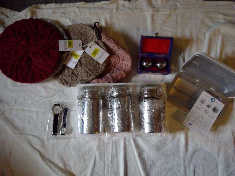 Watches, Kitchen Cannisters, Cell Phone Cleaner, and Knitted Hats