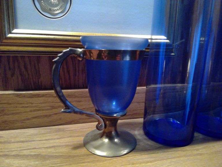 Blue Glass Vases and Goblets with Brass Handles