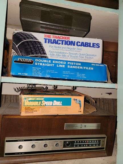 Sears Silvertone FM Stereo, PUMA straight line sander, Traction Cables, Drill and more