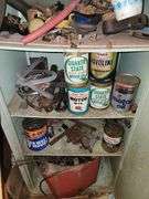 Contents of these shelves, Vintage unopened oil cans