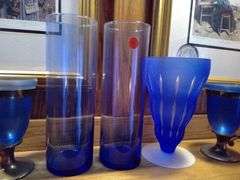 Blue Glass Vases and Goblets with Brass Handles