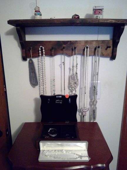 NECKLACES, SMALL JEWELRY BOX, WOODEN WALL SHELF AND MORE