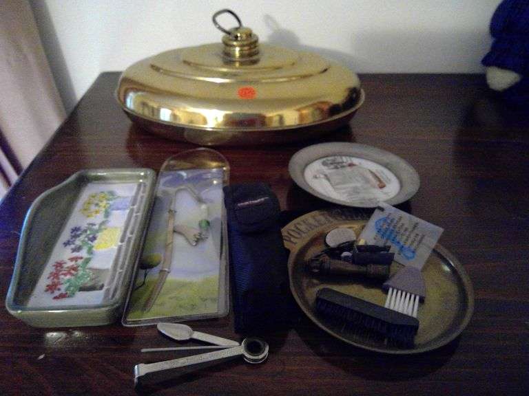 ANTIQUE BRASS HOT WATER BOTTLE, CHANGE TRAY AND MORE