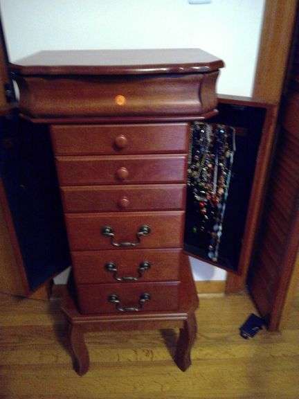 UPRIGHT STANDING WOODEN JEWELRY BOX WITH CONTENTS