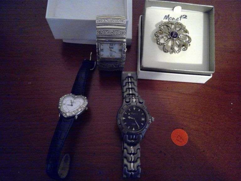 MONET BROOCH AND 3 WATCHES