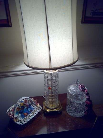 CRYSTAL LAMP, CANDY DISH, GLASS CANDIES, AND MORE