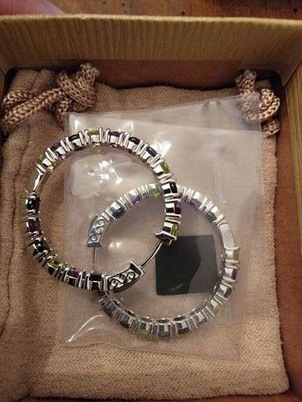 NEW STERLING SILVER HOOP EARRINGS WITH MULTI-COLORED GEMSTONES
