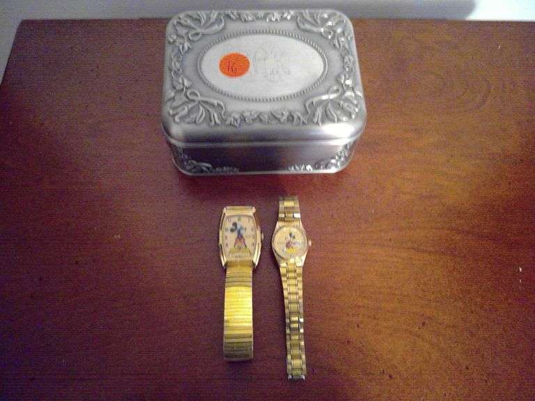 2 SEIKO WALT DISNEY MICKEY WATCHES AND A METAL KEEPSAKE BOX