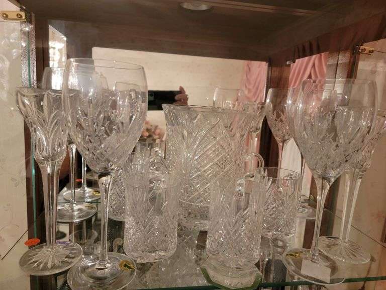 WATERFORD CRYSTAL WINE GLASSES, VASE, AND GLASSES