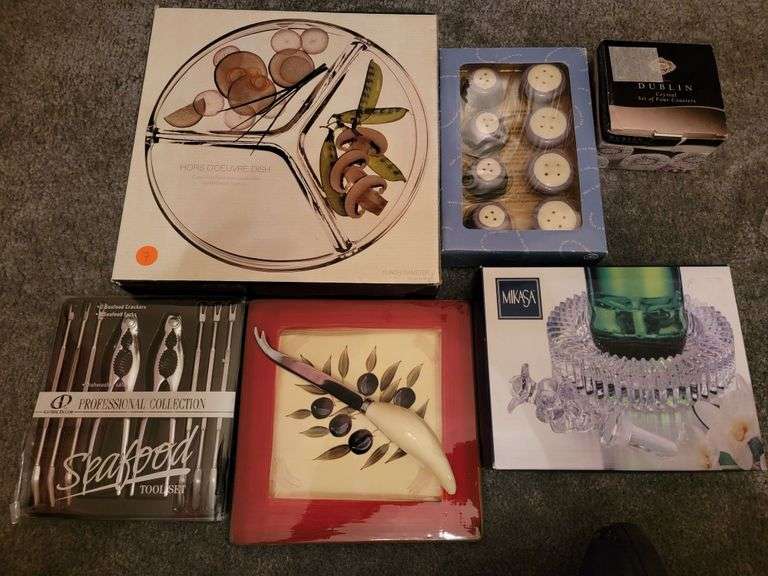 HORS DOEUVRE DISH, SEAFOOD TOOL SET, SALT AND PEPPER SHAKERS, WINE BOTTLE COASTER AND MORE