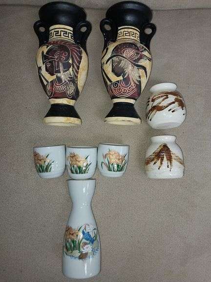 Japanese Sake set, Greek Amphora Vases