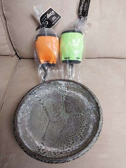 Stoneware pedestal platter and 2 woozies