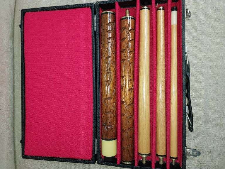 Vintage 5 piece carved wooden pool cue and case
