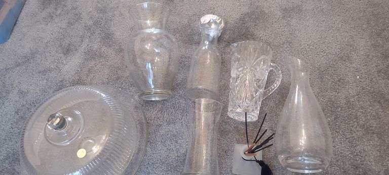 Crystal Pitchers, Vases, Glass Cake Stand
