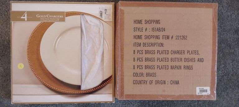 4 Gold Colored Chargers, 8 Brass Plated Chargers, 8 Brass Plated Butter Dishes and Napkin Rings