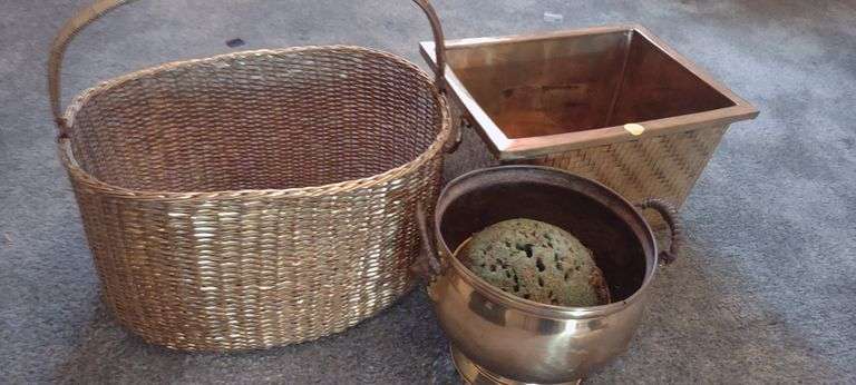 Brass Planter and Bucket as well as a basket