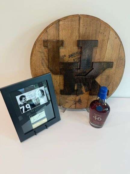 Custom UK Bourbon Barrel Head & Maker’s Mark 46 “UK Championship Bottle” & Framed Lou Michaels Photo